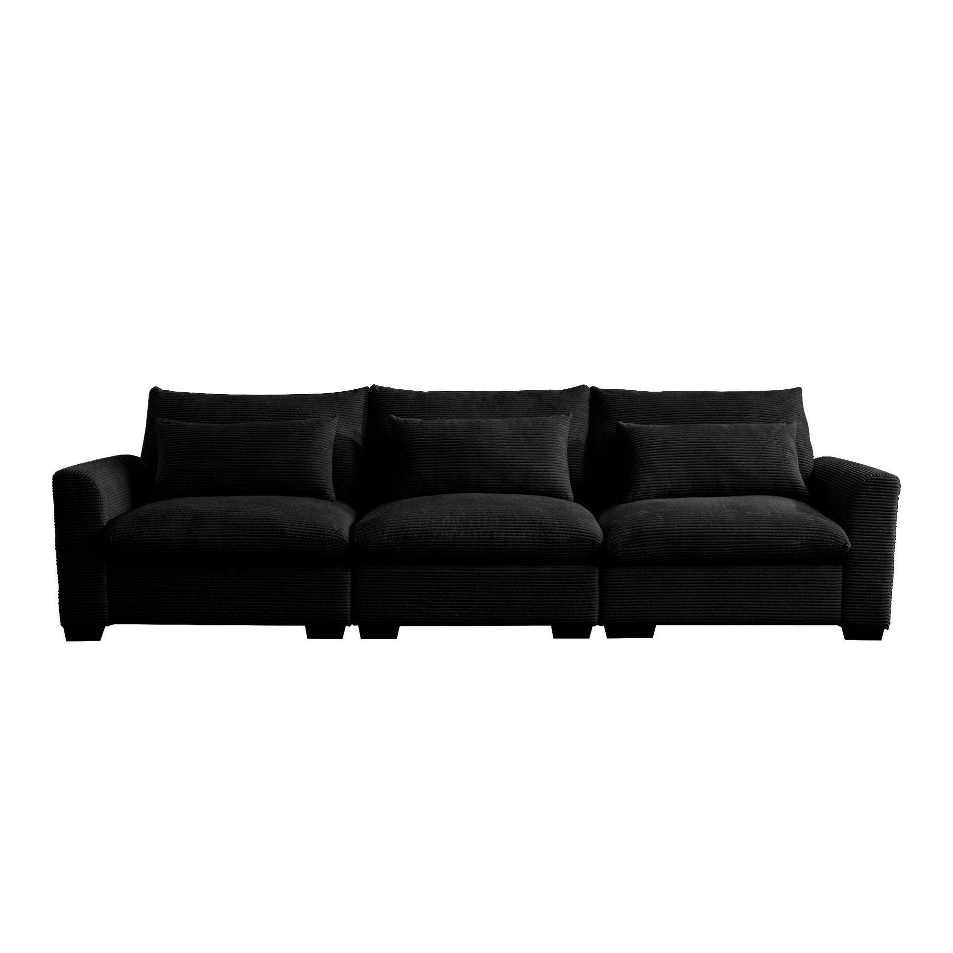 Black corduroy sofa with three plush seat cushions and matching throw pillows
