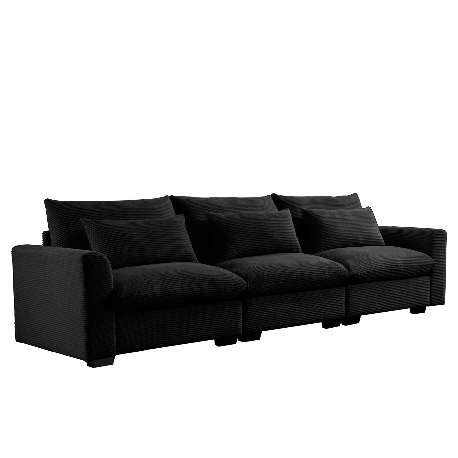 Black corduroy sectional sofa with plush cushions and square arms for modern living rooms