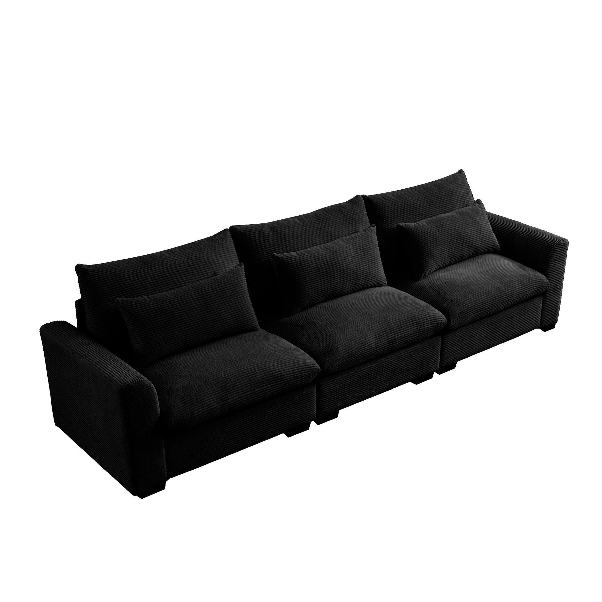 Black corduroy sectional sofa with plush cushions and three seats
