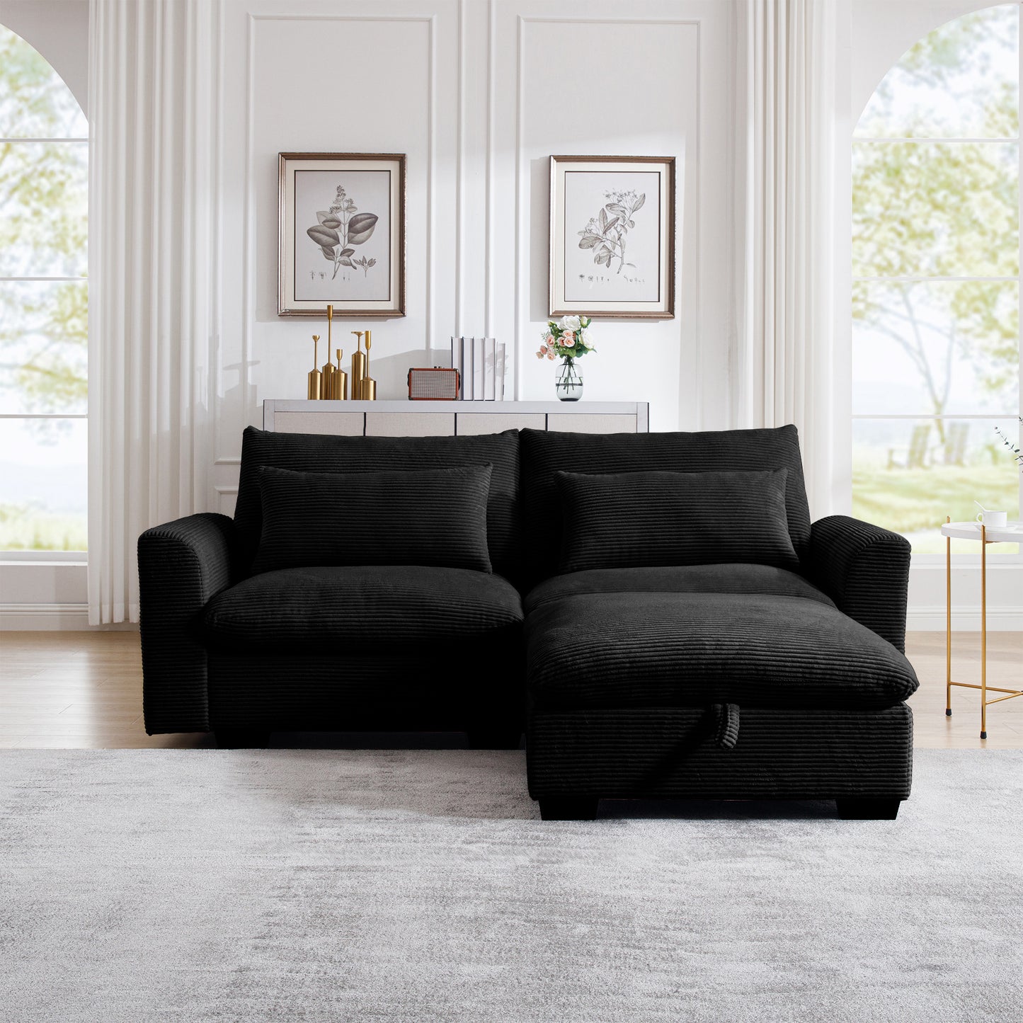 Black corduroy sectional sofa with chaise lounge modern living room furniture