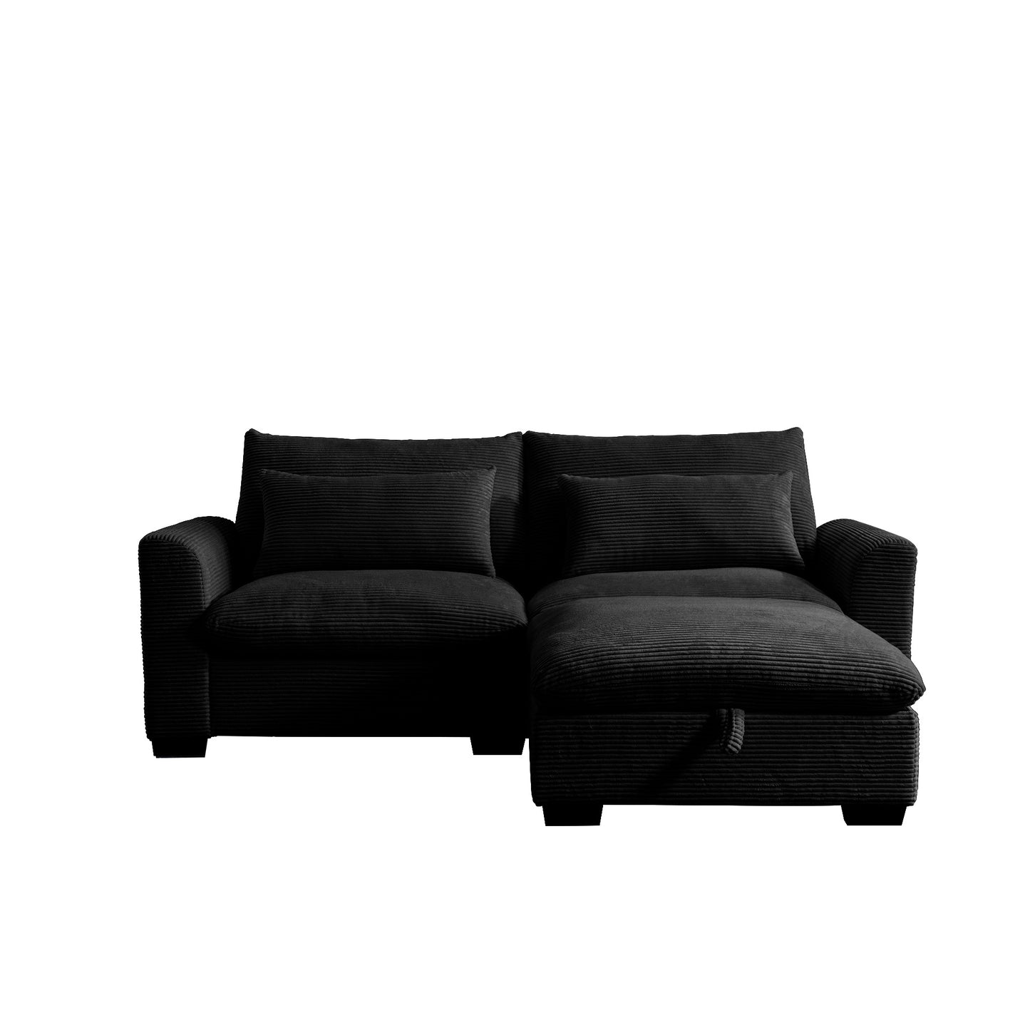 Black corduroy sectional sofa with plush cushions and a chaise lounge for modern living rooms