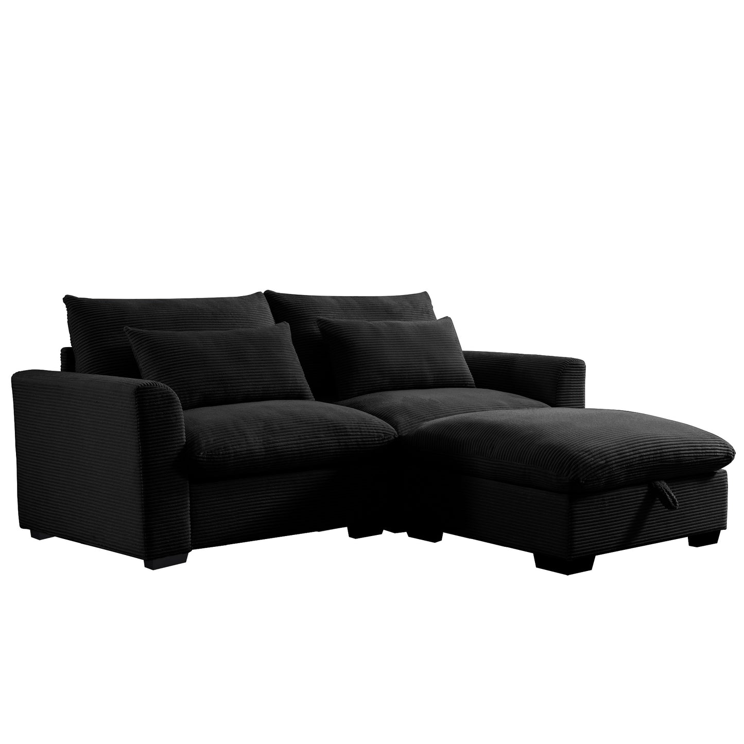 Black corduroy sectional sofa with chaise lounge and hidden storage