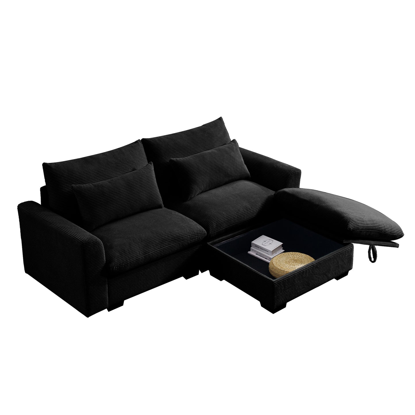 Black corduroy sectional sofa with builtin storage tray perfect for modern living rooms