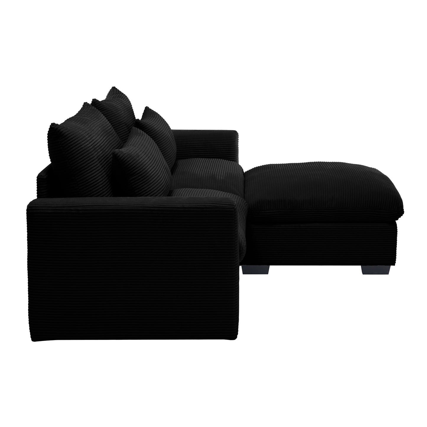 Black corduroy sectional sofa with plush cushions and chaise lounge
