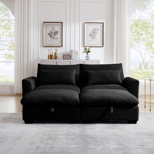 Plush black corduroy sofa with two matching throw pillows perfect for living rooms