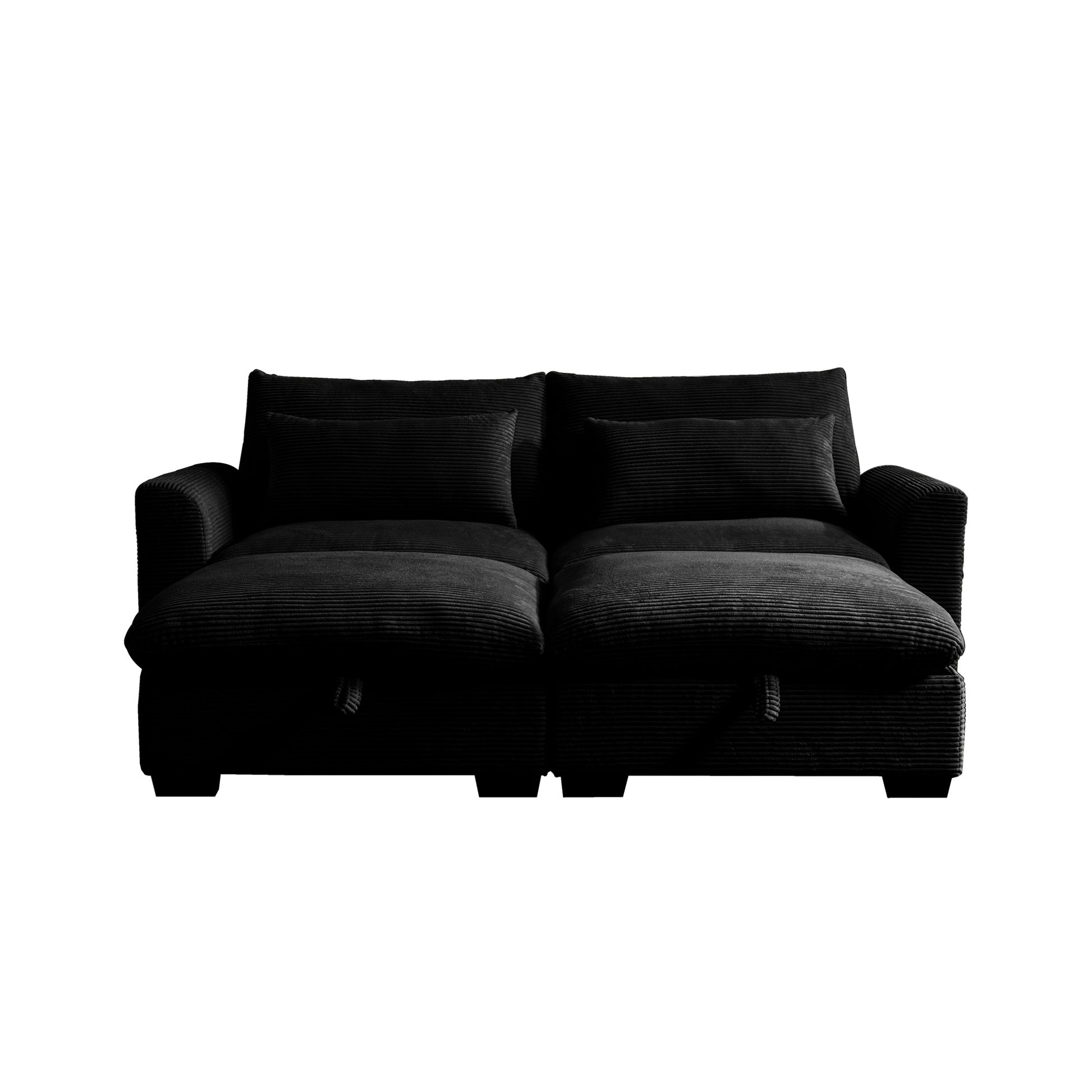 Black corduroy sofa with plush seat cushions and two accent pillows