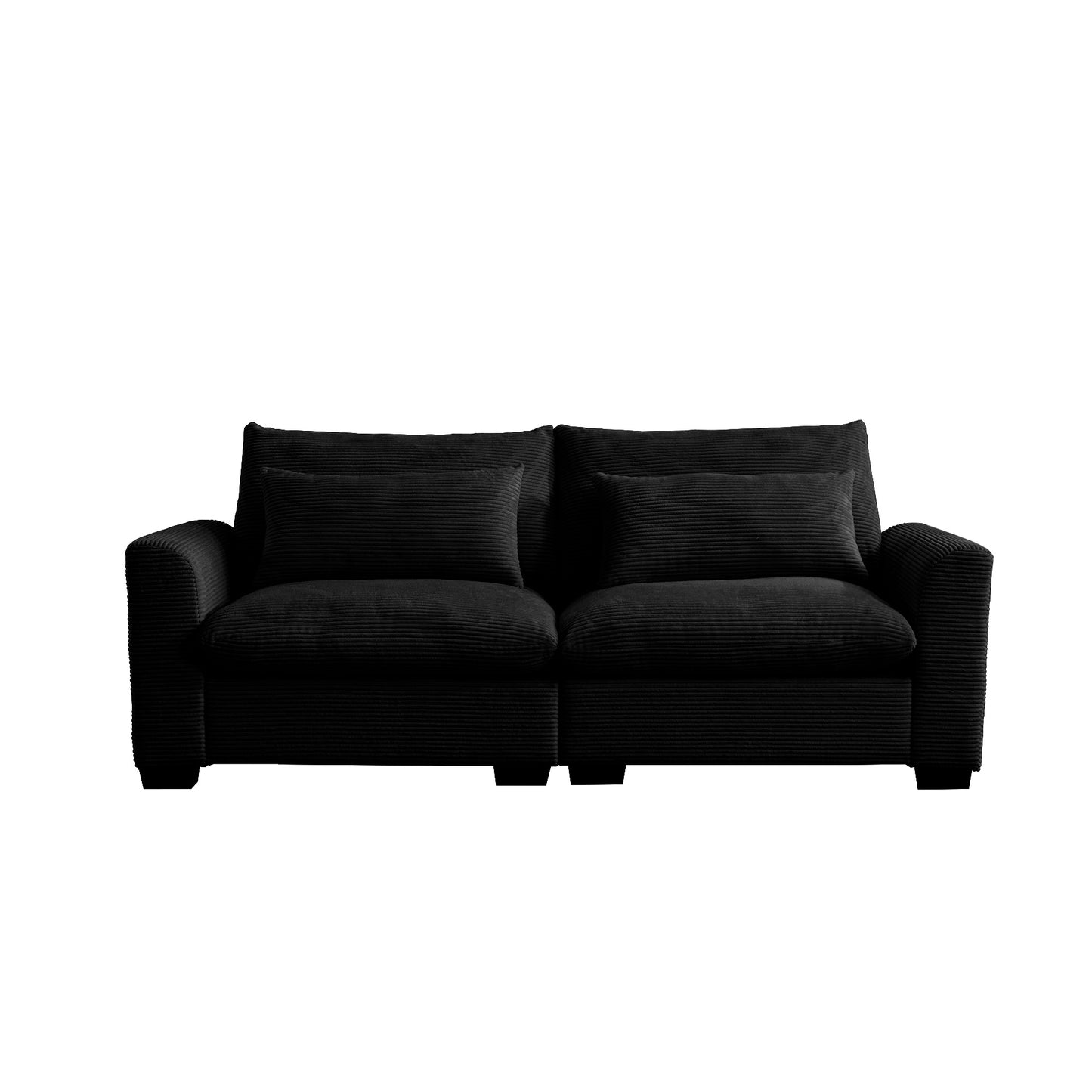 Black corduroy sofa with two plush seat cushions and two matching throw pillows
