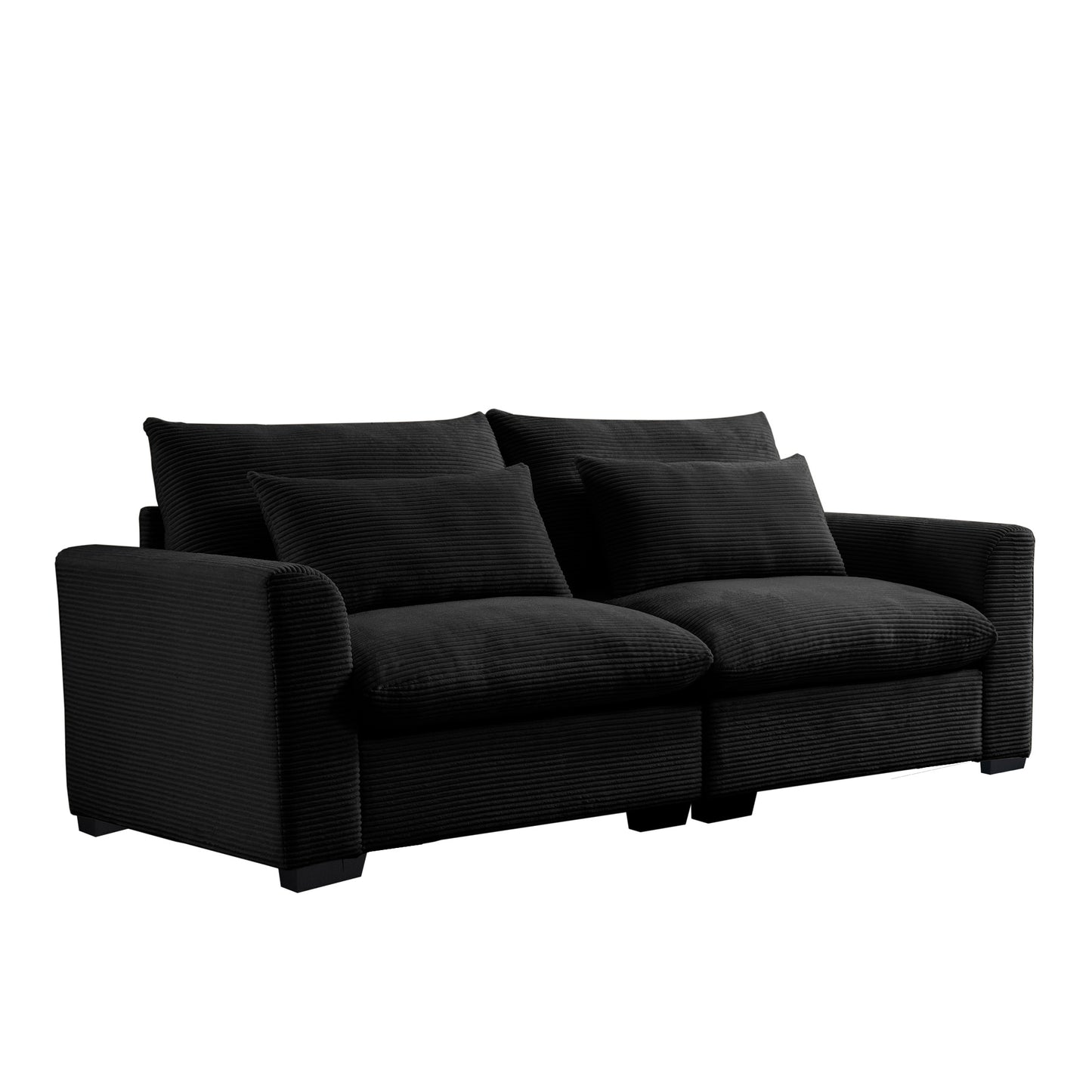Black corduroy twoseater sofa with plush cushions and accent pillows perfect for a modern living room