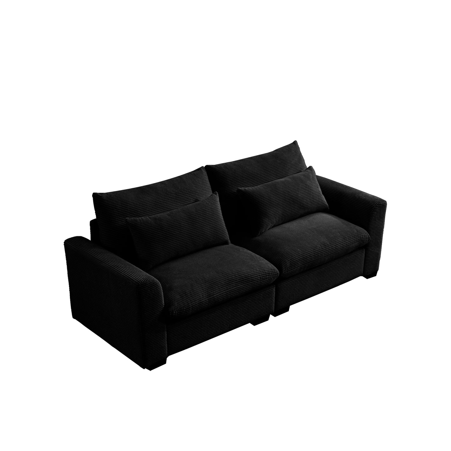 Plush black corduroy sofa with deep seating and comfortable throw pillows for modern living rooms