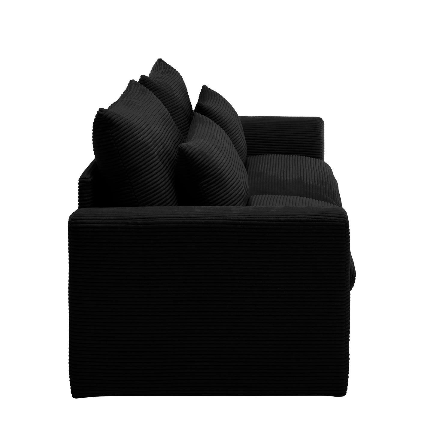 Plush black corduroy sofa with deep seat cushions perfect for modern living rooms