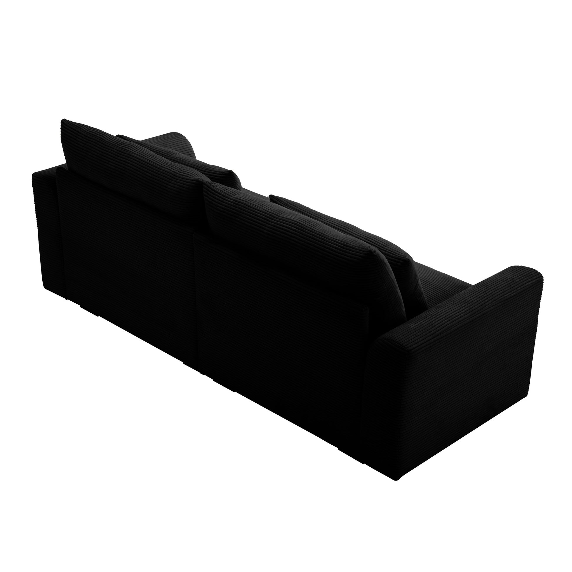Black corduroy sofa with plush back cushions and wide armrests