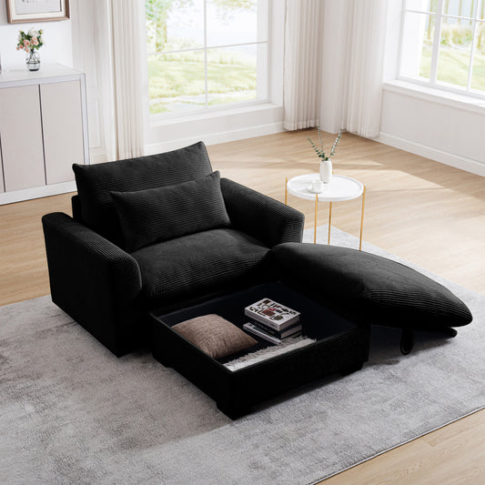 Black corduroy armchair with hidden storage and a pullout ottoman modern living room setup