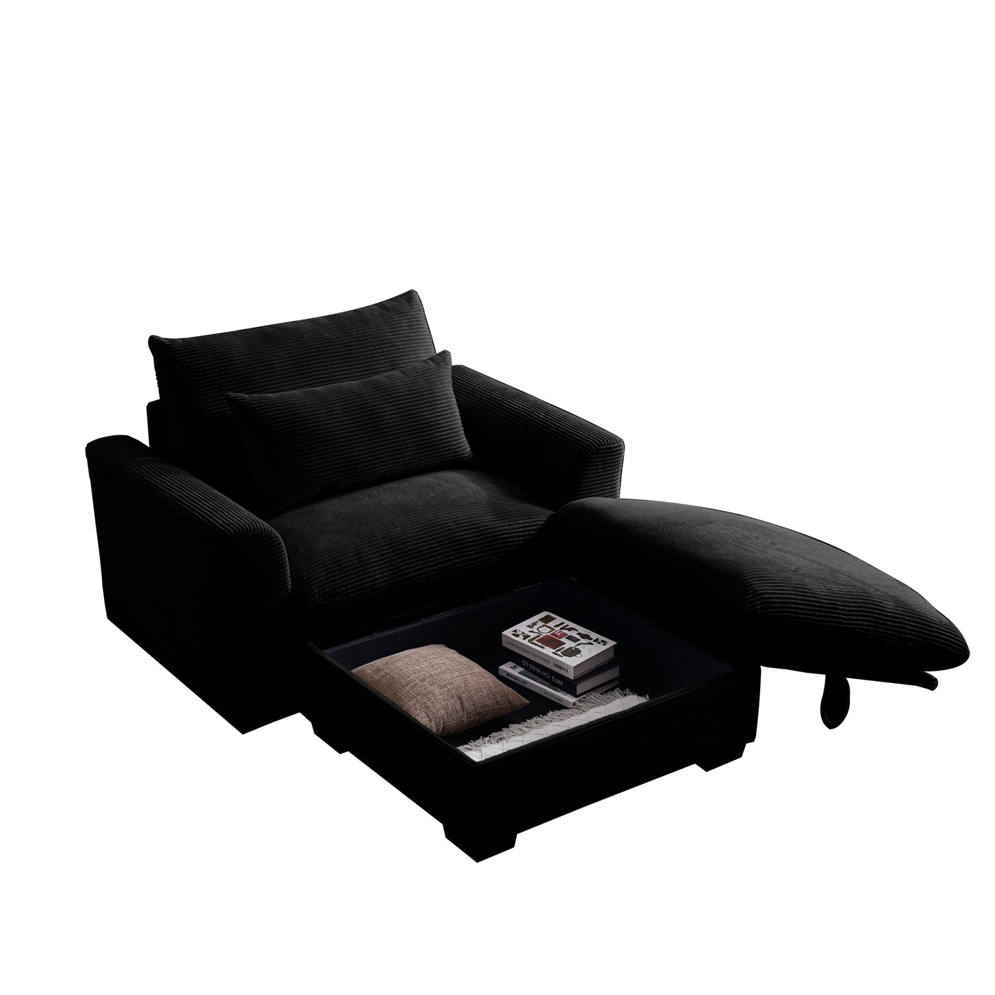 Black corduroy chaise lounge with hidden storage compartment featuring textured fabric and modern design