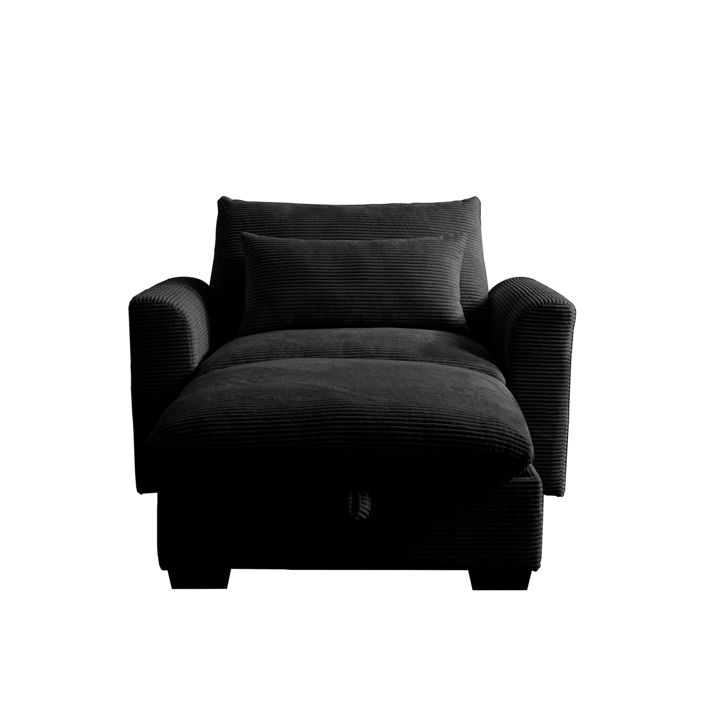 Black corduroy armchair with a chaise lounge extension and matching pillows