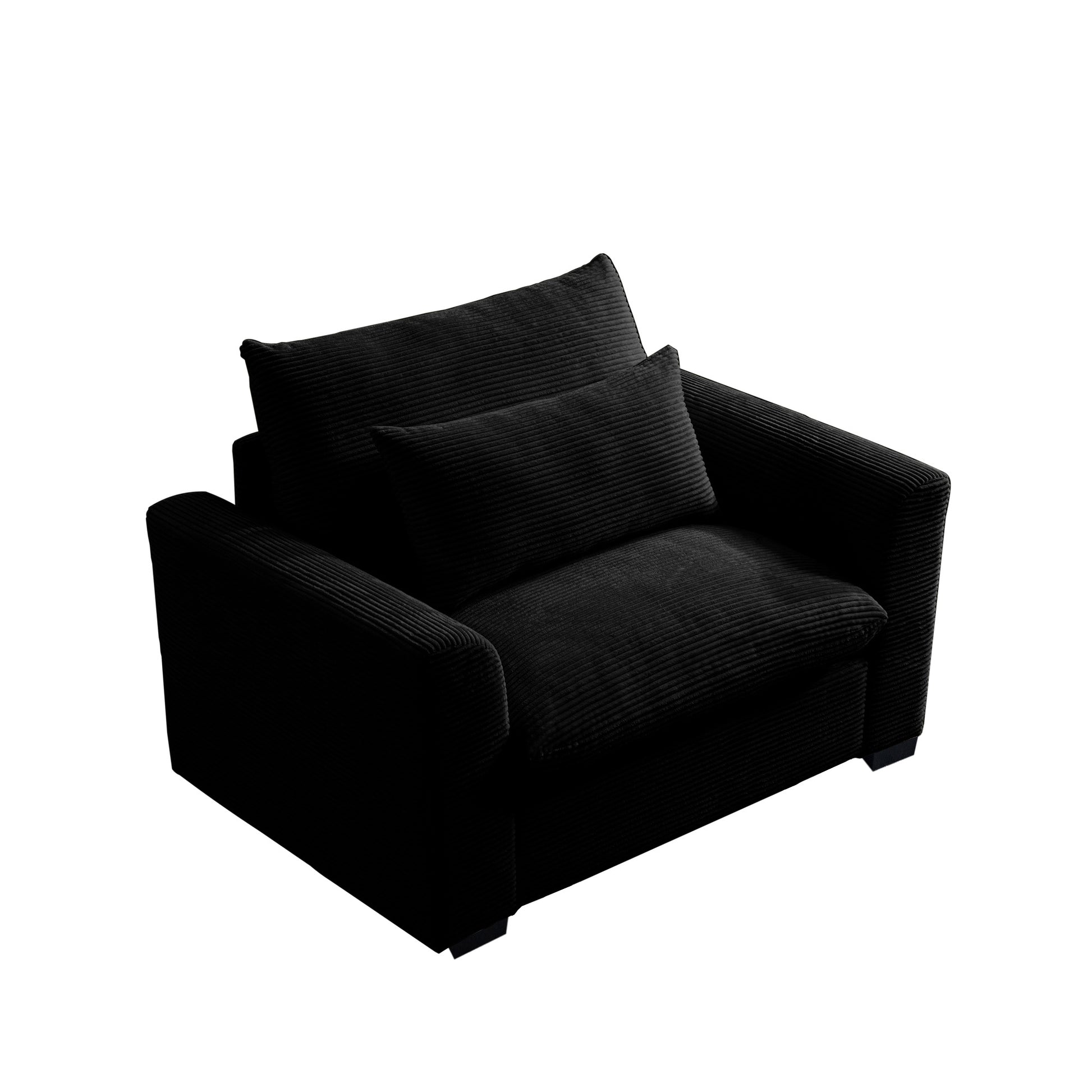 Black corduroy armchair with plush cushions and modern design perfect for a cozy living room