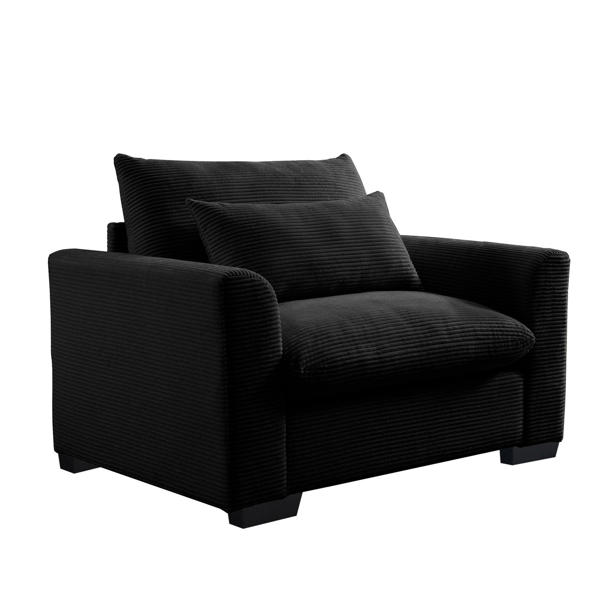 Plush black corduroy armchair with comfortable cushions perfect for living rooms