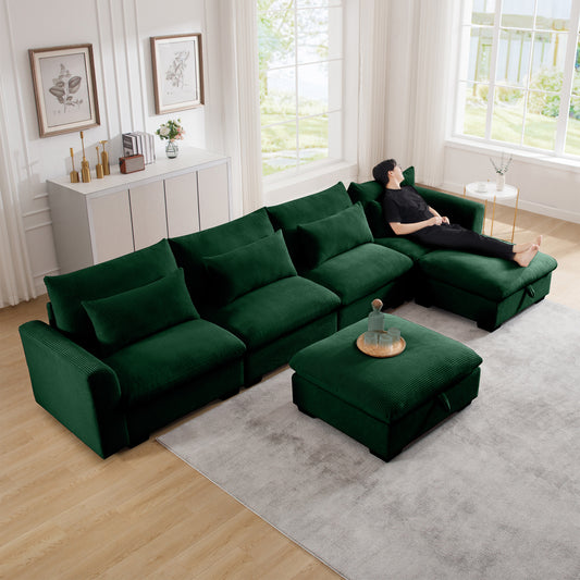Deep green corduroy sectional sofa with plush cushions and matching storage ottoman