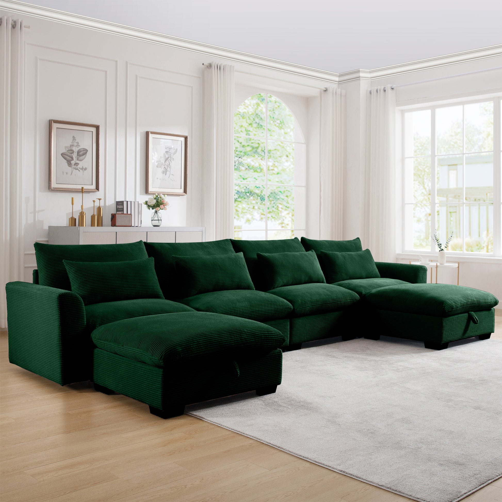 Plush forest green corduroy sectional sofa with deep seats and throw pillows