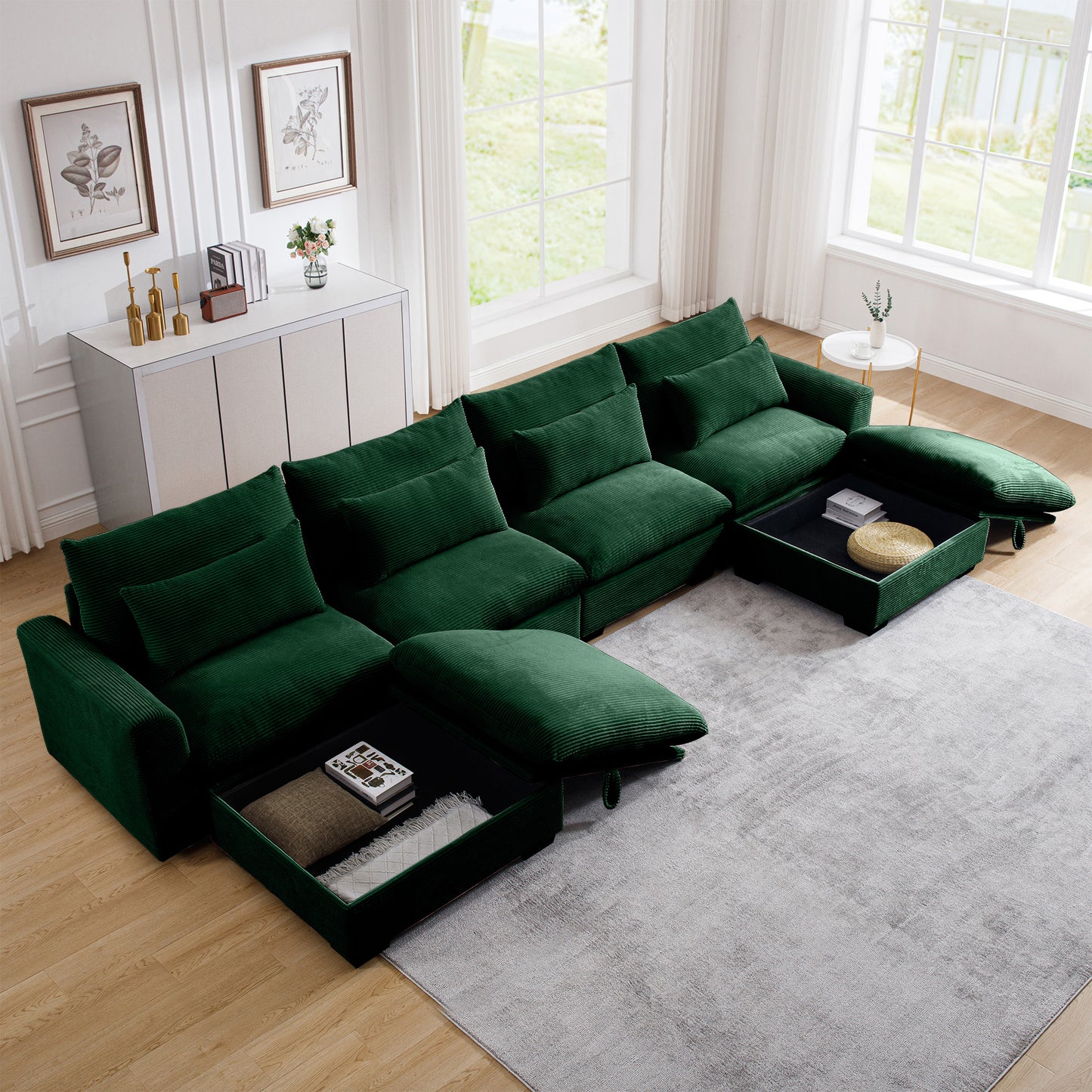 Deep green corduroy sectional sofa with hidden storage ottoman Modern living room furniture