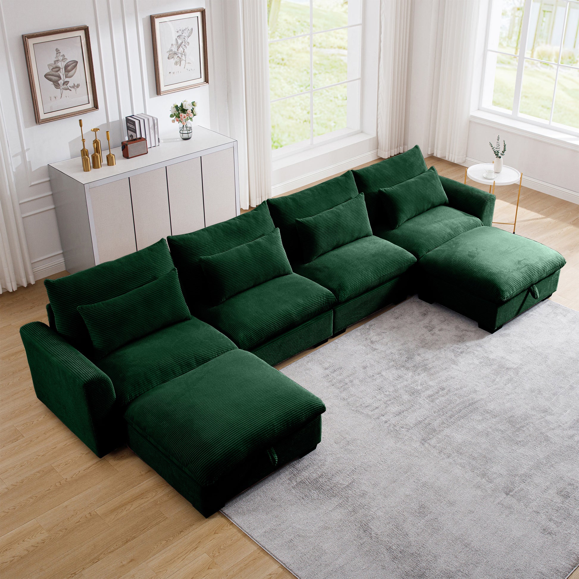 Deep green corduroy sectional sofa with plush cushions and ottoman ideal for living rooms
