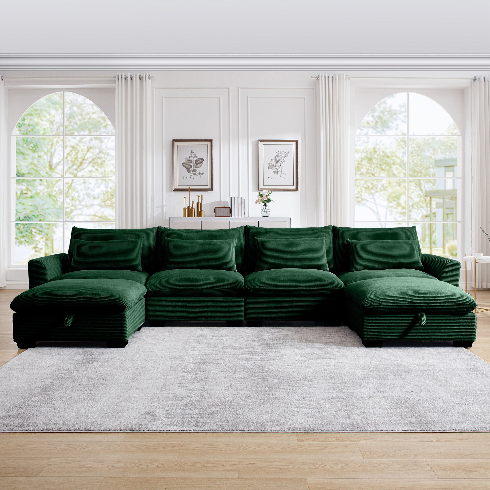 Emerald green corduroy sectional sofa with deep tufted cushions and storage chaise