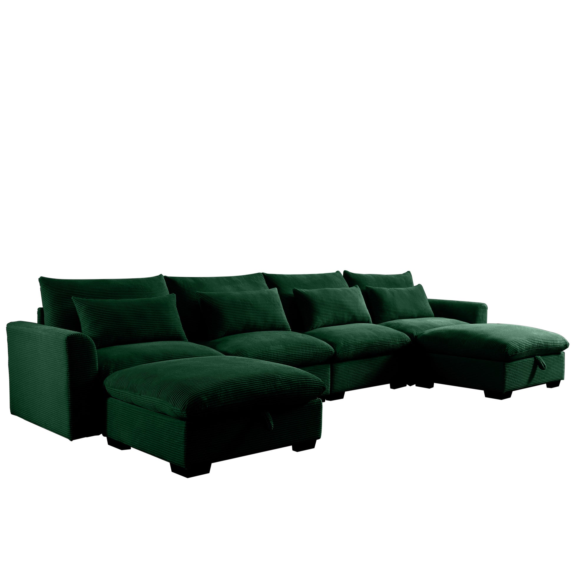 Deep green corduroy sectional sofa with plush cushions and ample seating