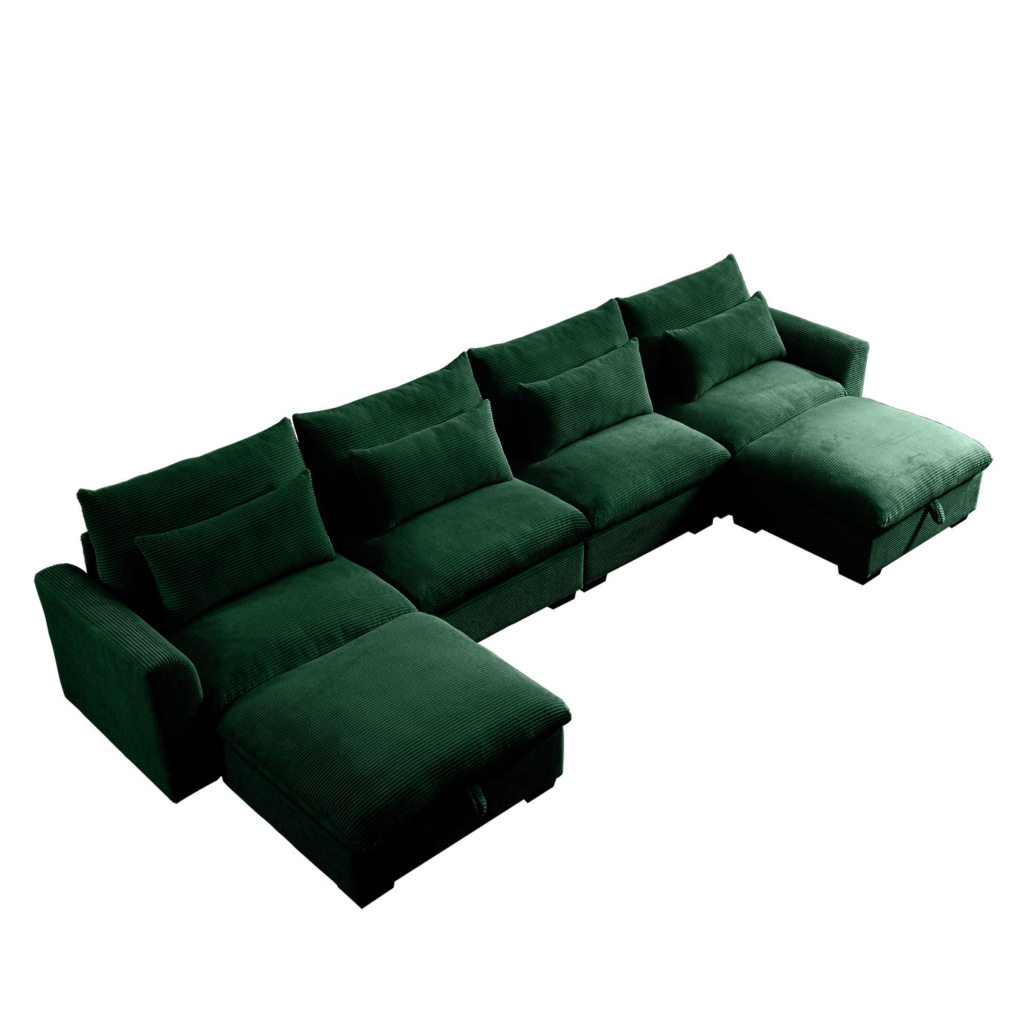 Deep green corduroy sectional sofa with chaise and hidden storage modern living room furniture