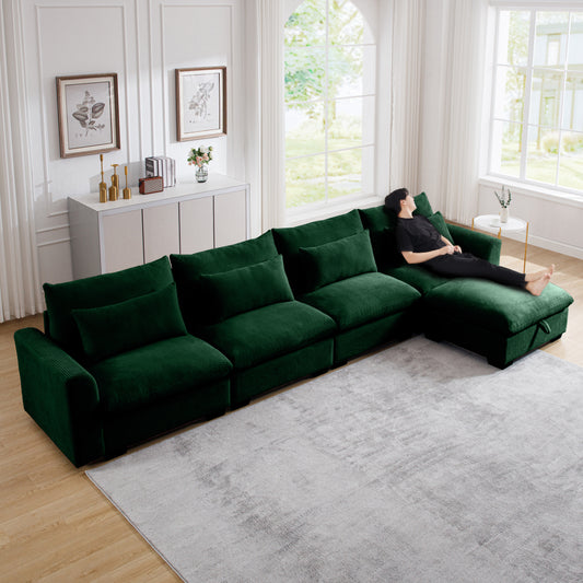 Deep emerald green corduroy sectional sofa with chaise and plush cushions