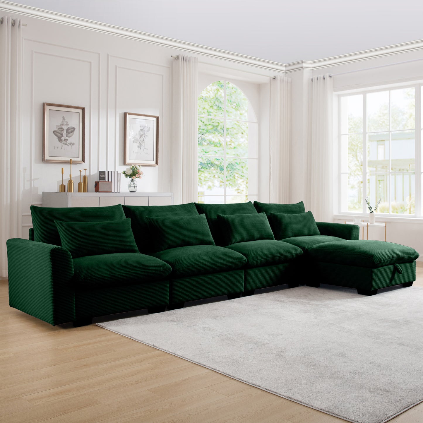 Deep emerald green corduroy sectional sofa with plush cushions perfect for modern living rooms