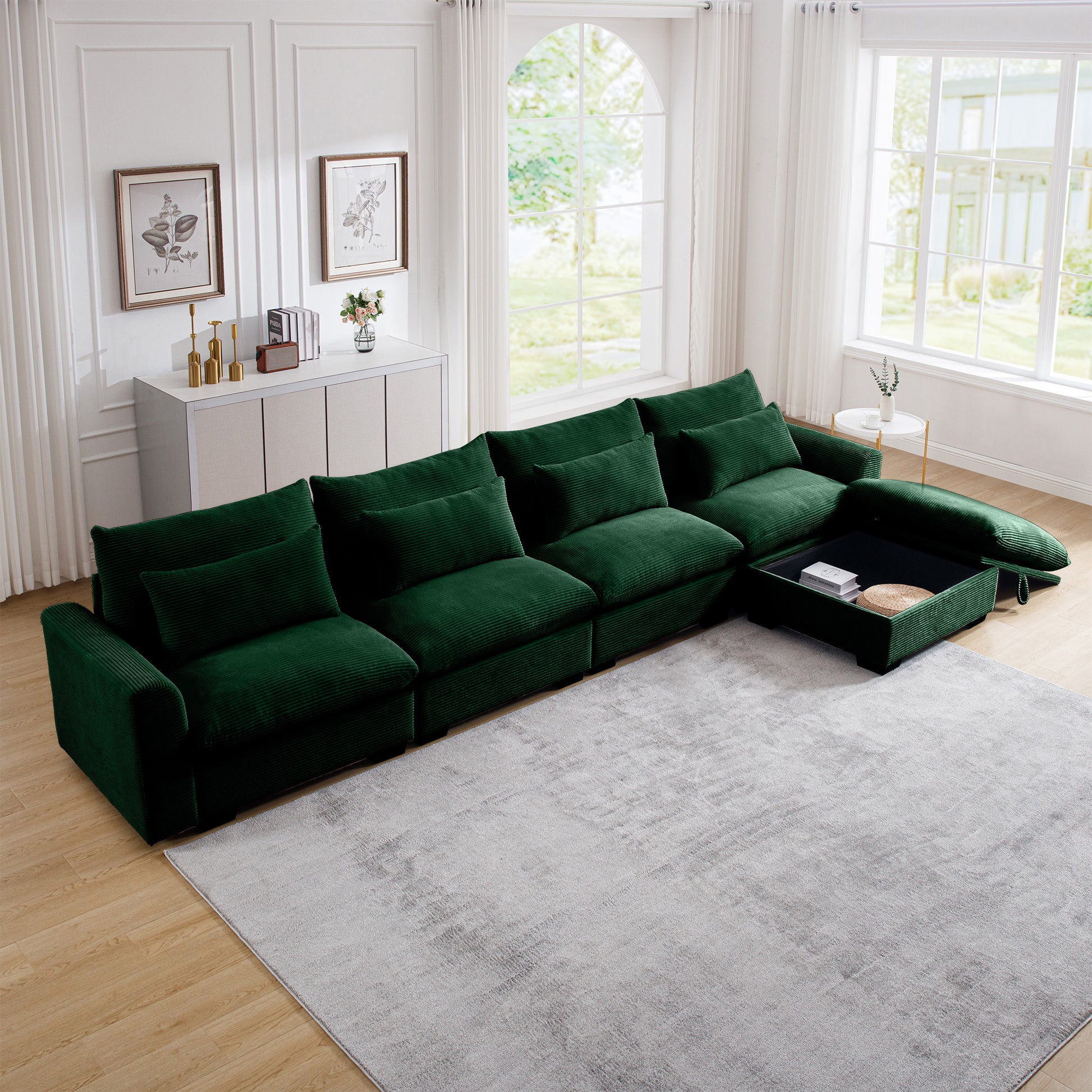 Deep emerald green corduroy sectional sofa with storage ottoman modern living room furniture