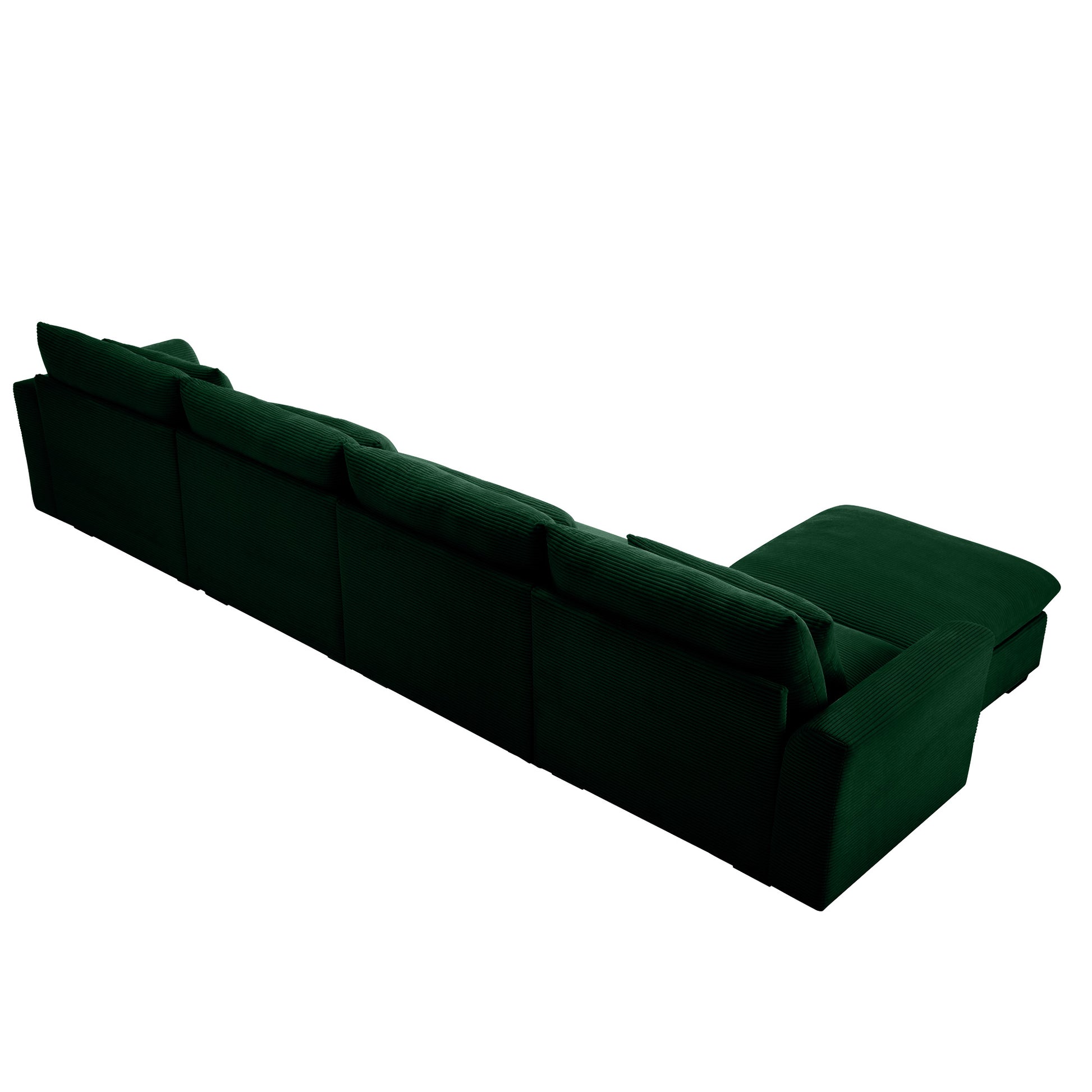 Emerald green corduroy sectional sofa with deep cushions and chaise lounge