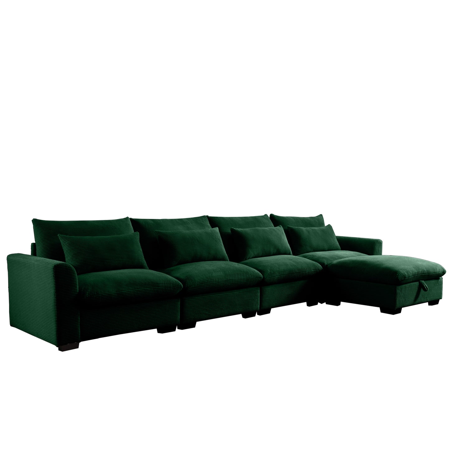 Deep green corduroy sectional sofa with plush cushions and chaise lounge