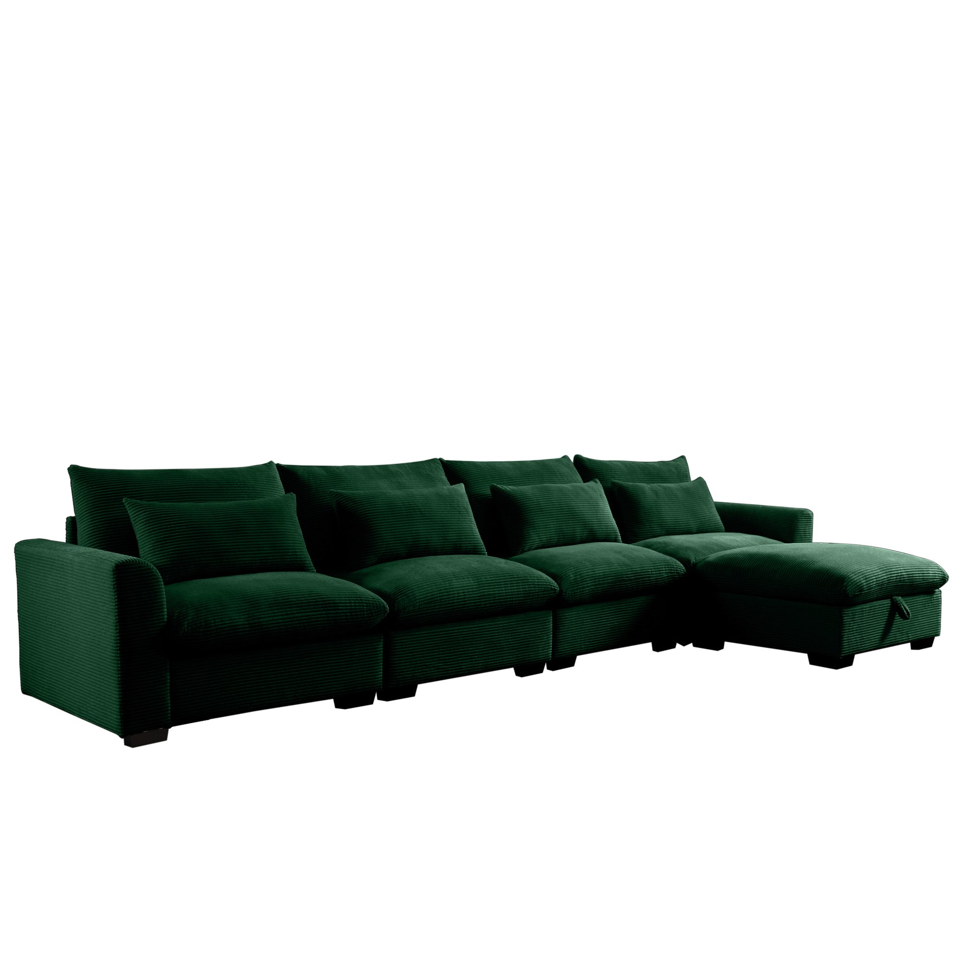 Deep green corduroy sectional sofa with plush cushions and chaise lounge