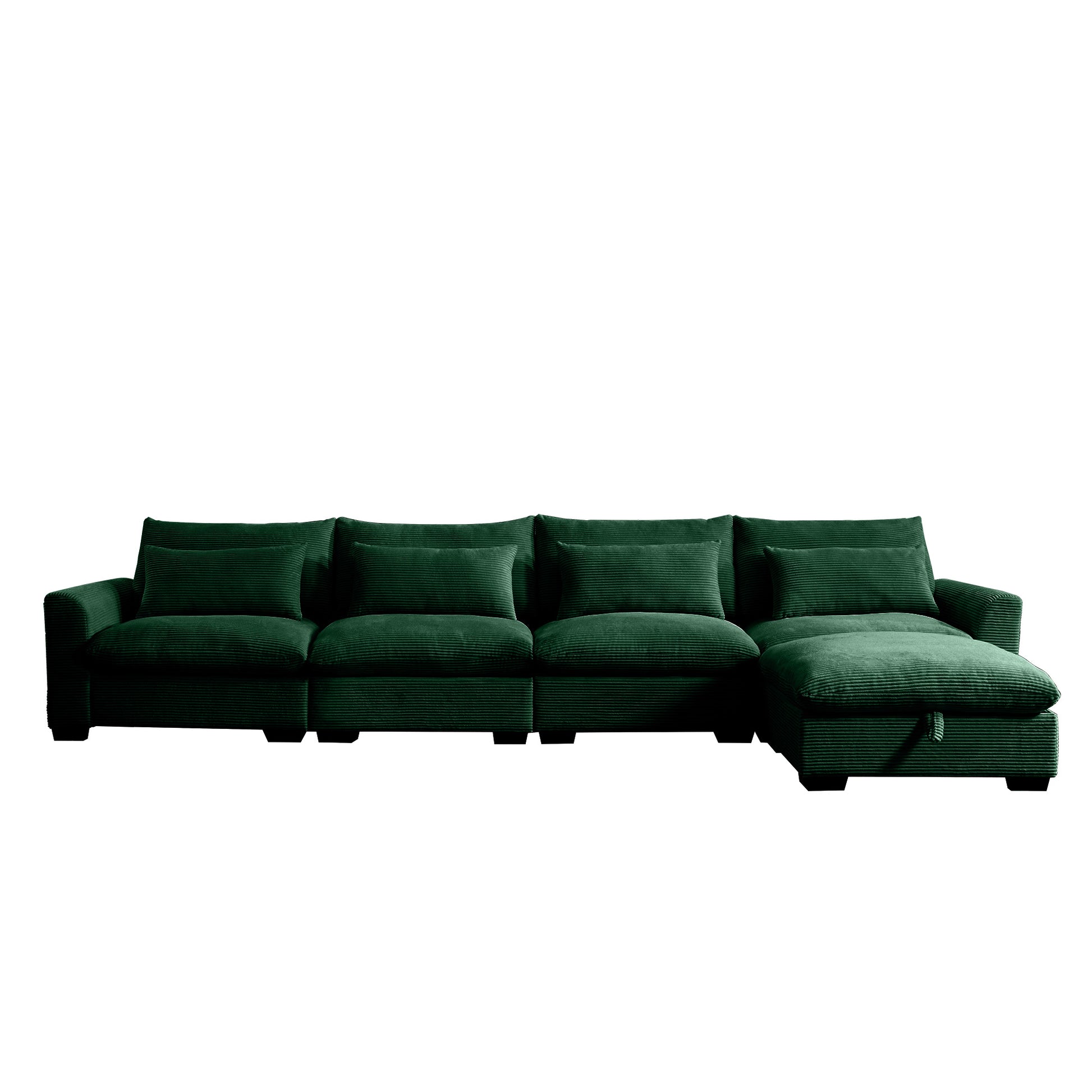 Deep green corduroy sectional sofa with plush cushions and chaise
