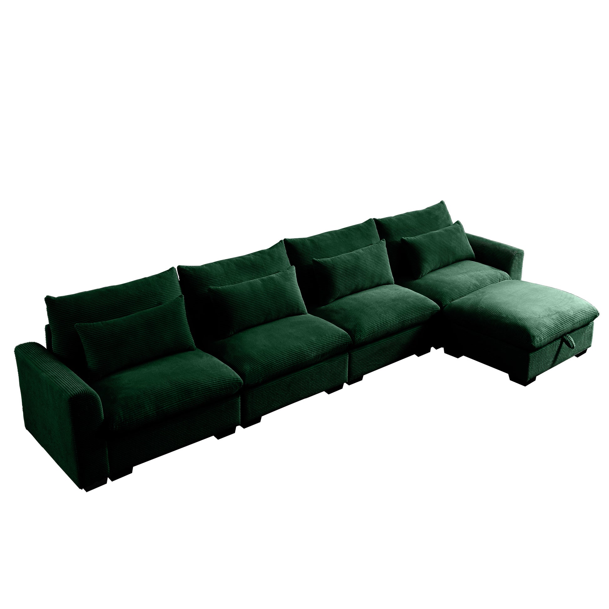 Deep green corduroy sectional sofa with plush cushions and an ottoman modern living room furniture
