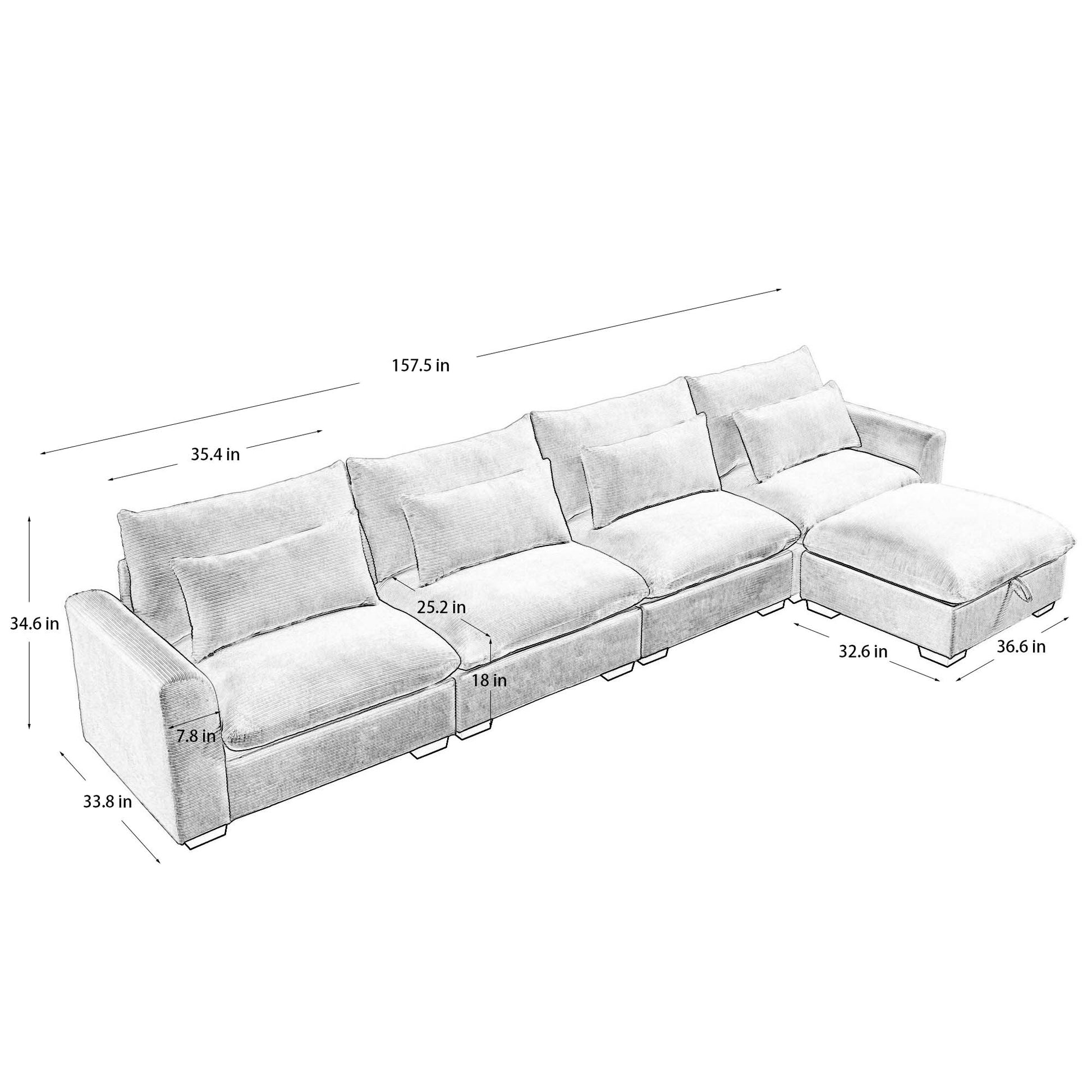 Modern sectional sofa with plush cushions and removable ottoman  inches long
