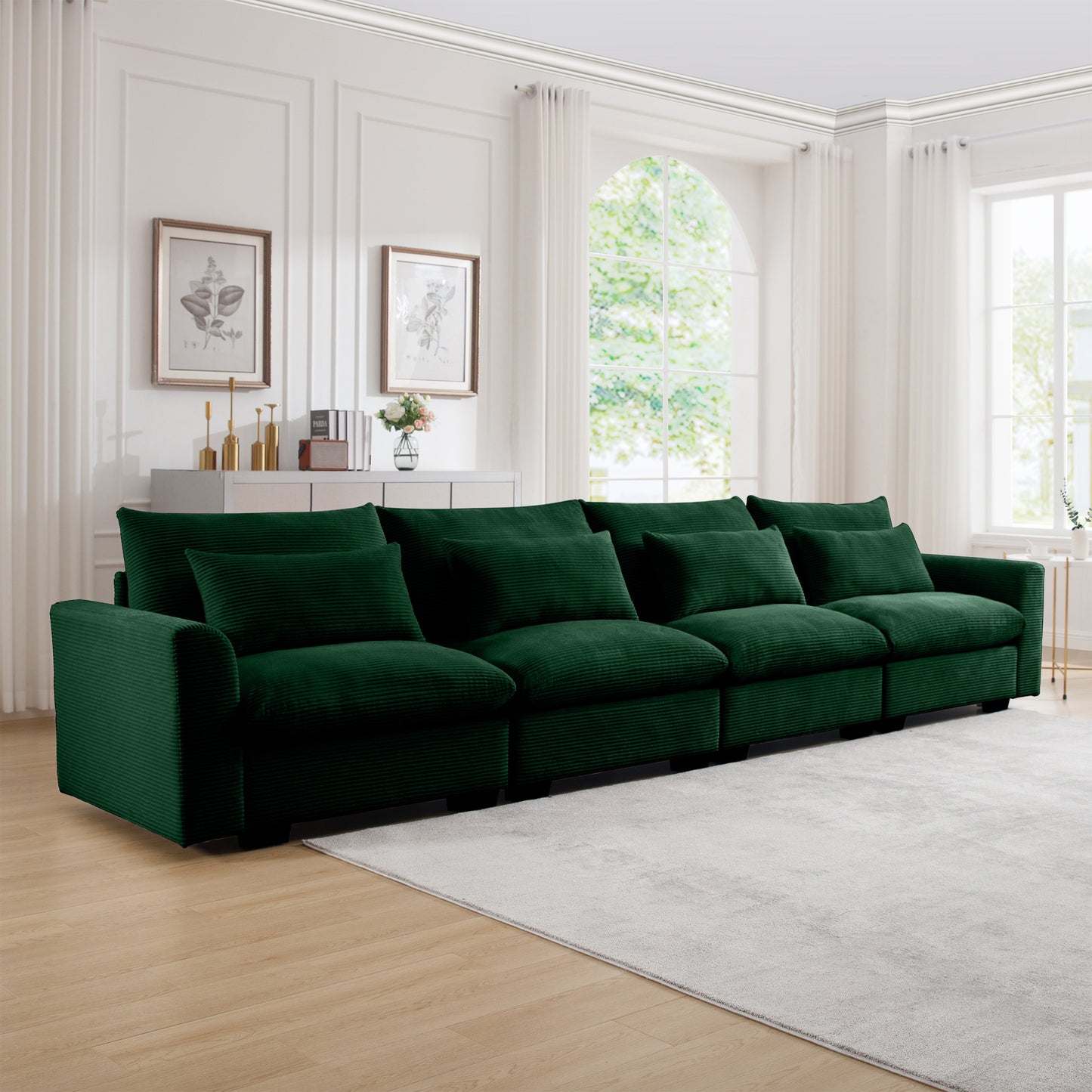 Plush deep green corduroy sectional sofa with textured cushions for ultimate comfort
