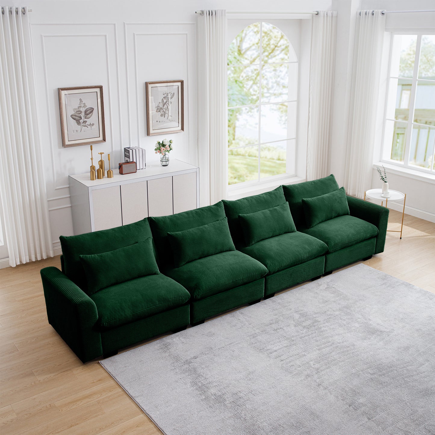 Deep green corduroy sectional sofa with plush cushions and modern design perfect for living rooms