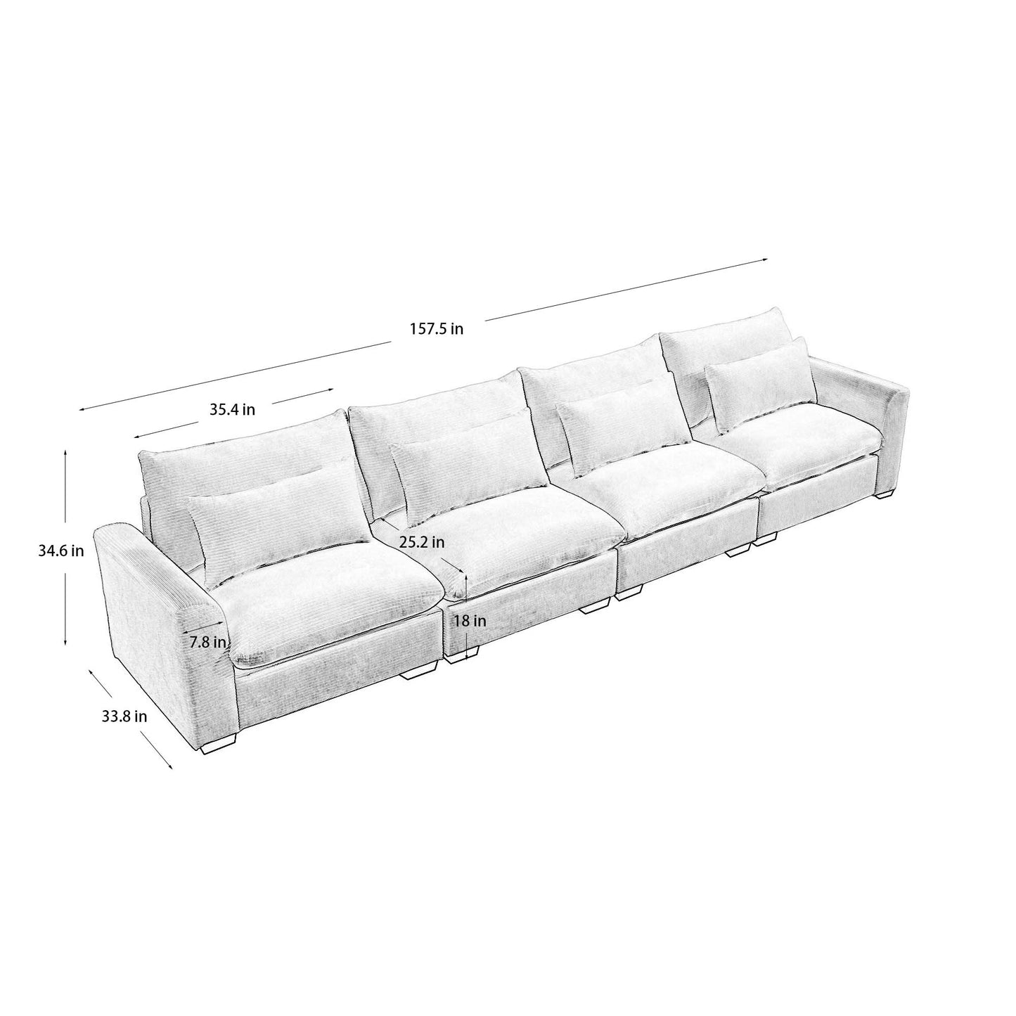Line drawing of a modern modular sectional sofa with plush cushions and a low profile perfect for contemporary living rooms