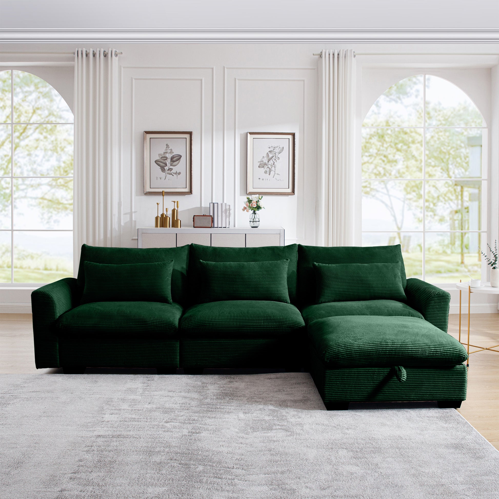 Emerald green corduroy sectional sofa with chaise and hidden storage plush cushions for modern living rooms