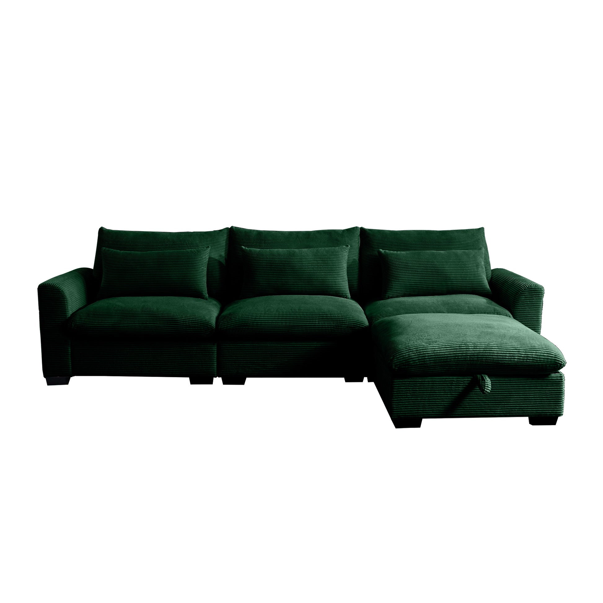 Deep green corduroy sectional sofa with plush cushions and chaise lounge