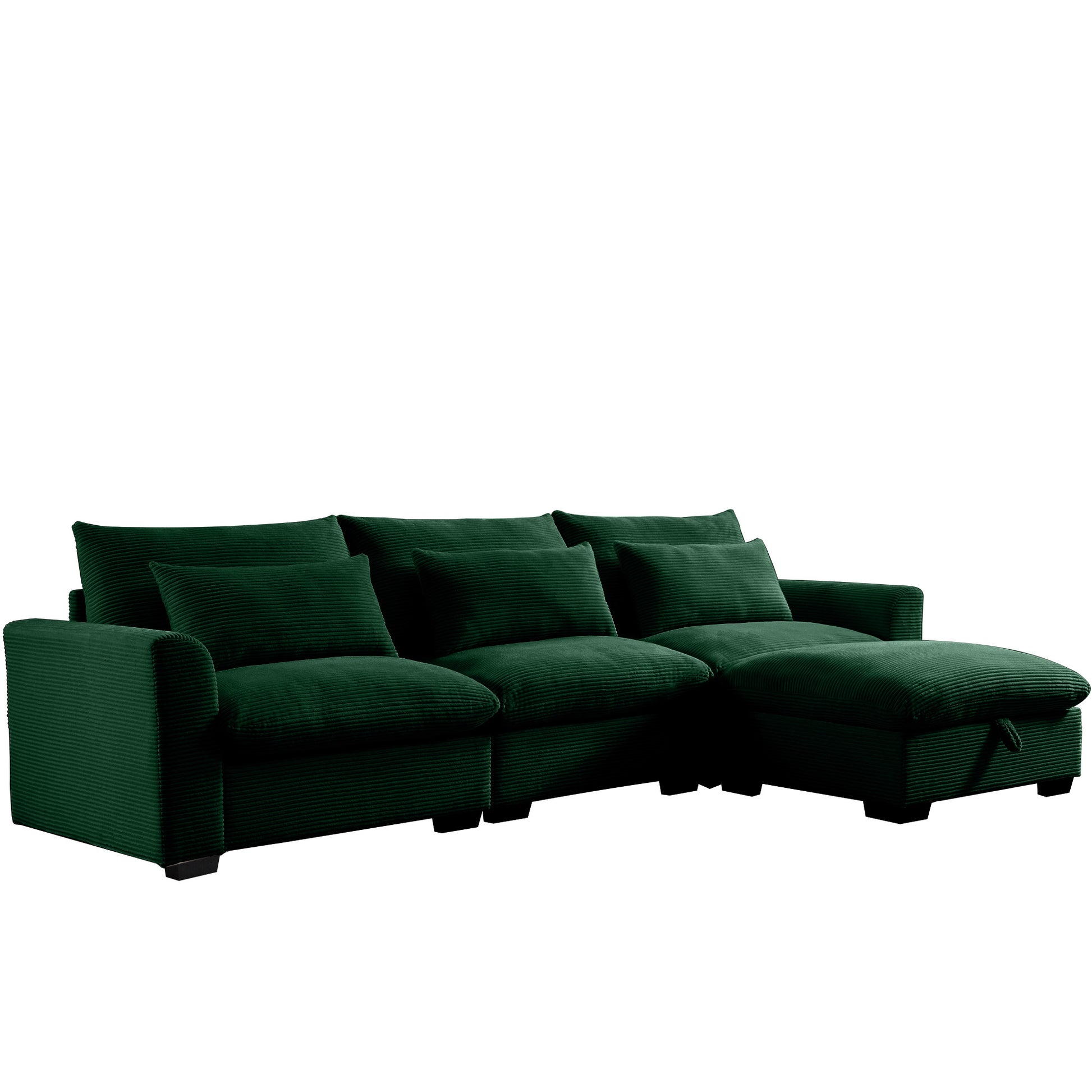 Deep green corduroy sectional sofa with storage chaise and plush cushions