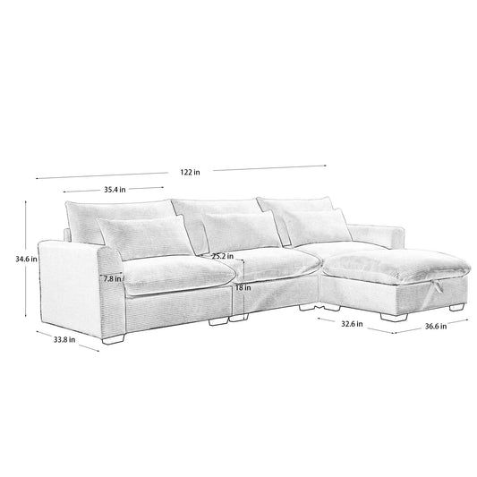 Sketch of a plush corduroy sectional sofa with chaise  inches wide