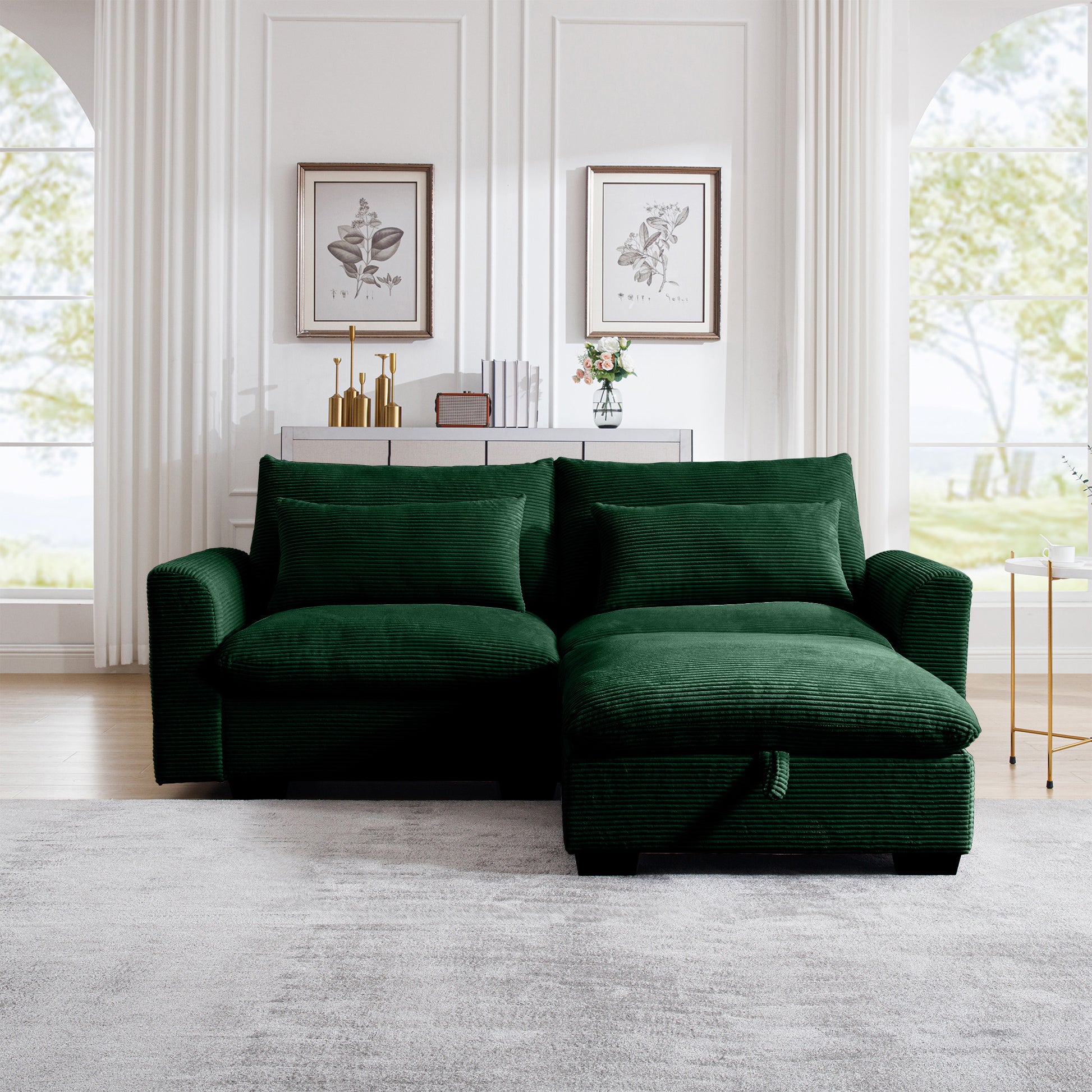 Deep green corduroy sectional sofa with storage chaise