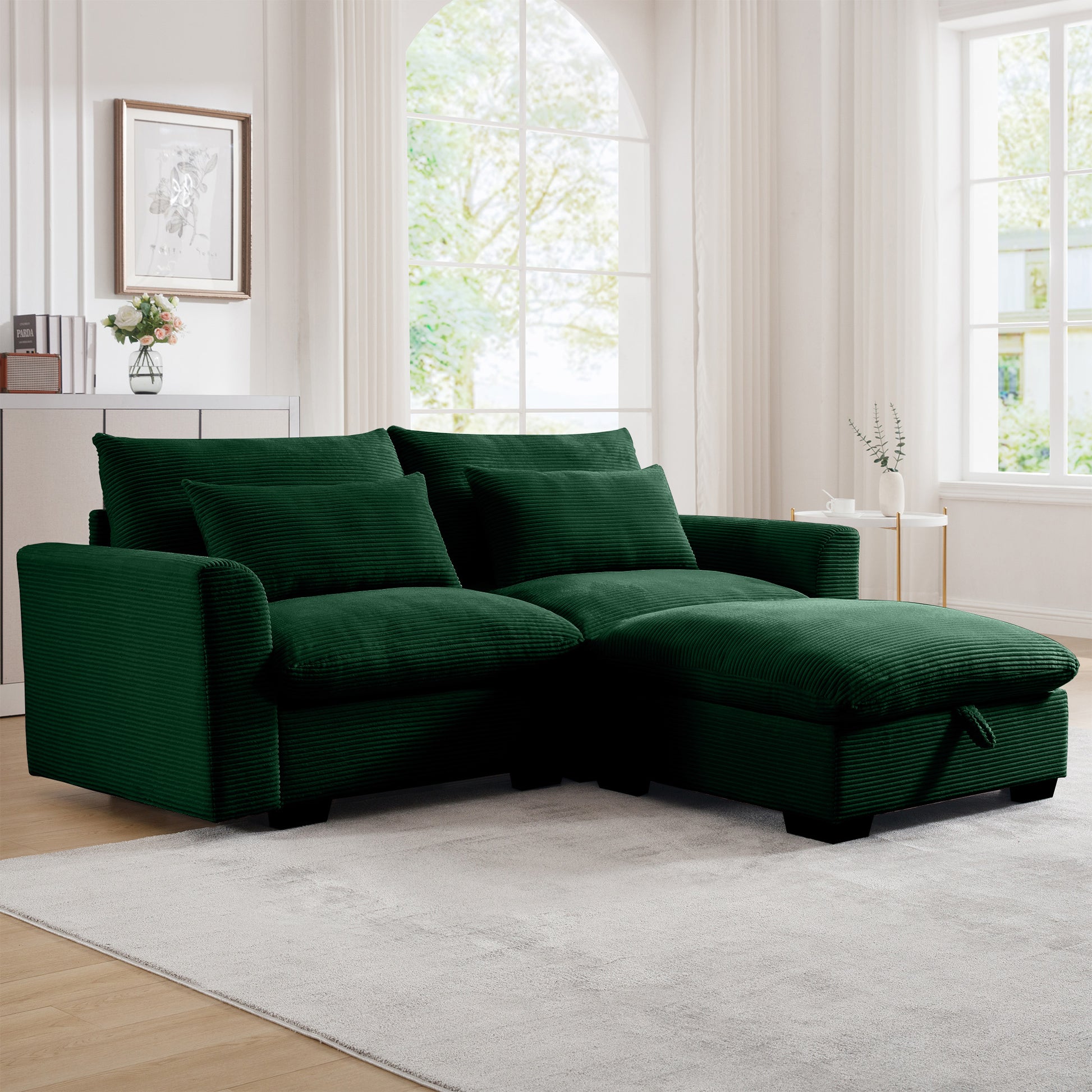 Deep green corduroy sectional sofa with ample seating and storage ottoman