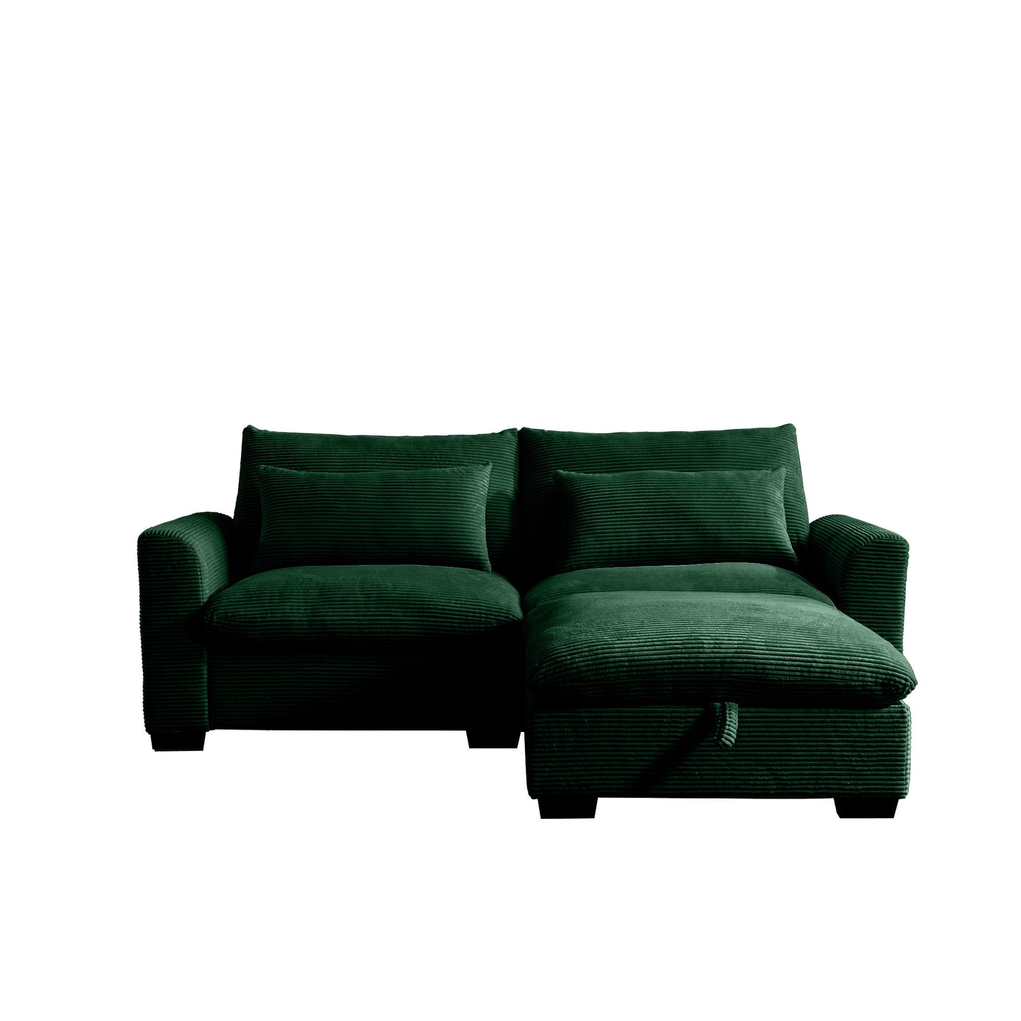 Deep green corduroy sectional sofa with plush cushions and storage chaise
