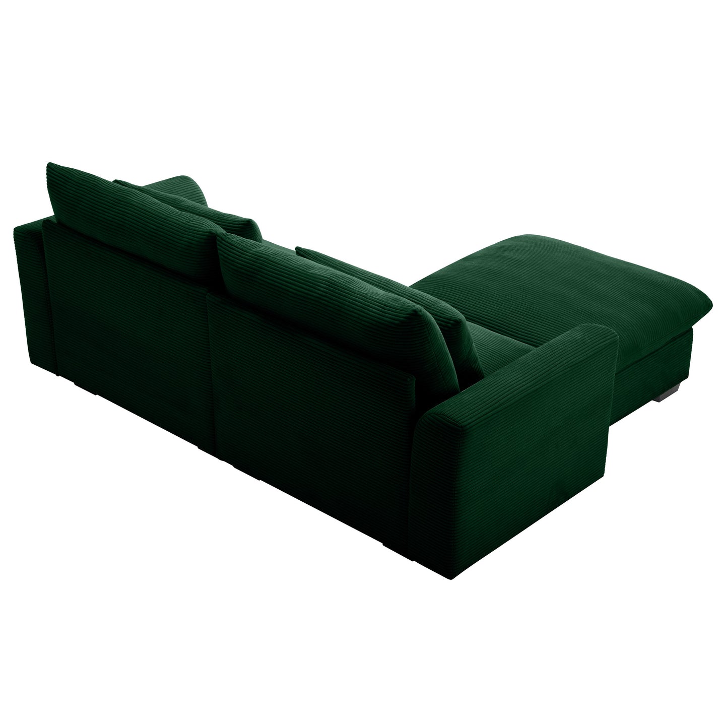 Dark green corduroy sectional sofa with chaise and plush back cushions