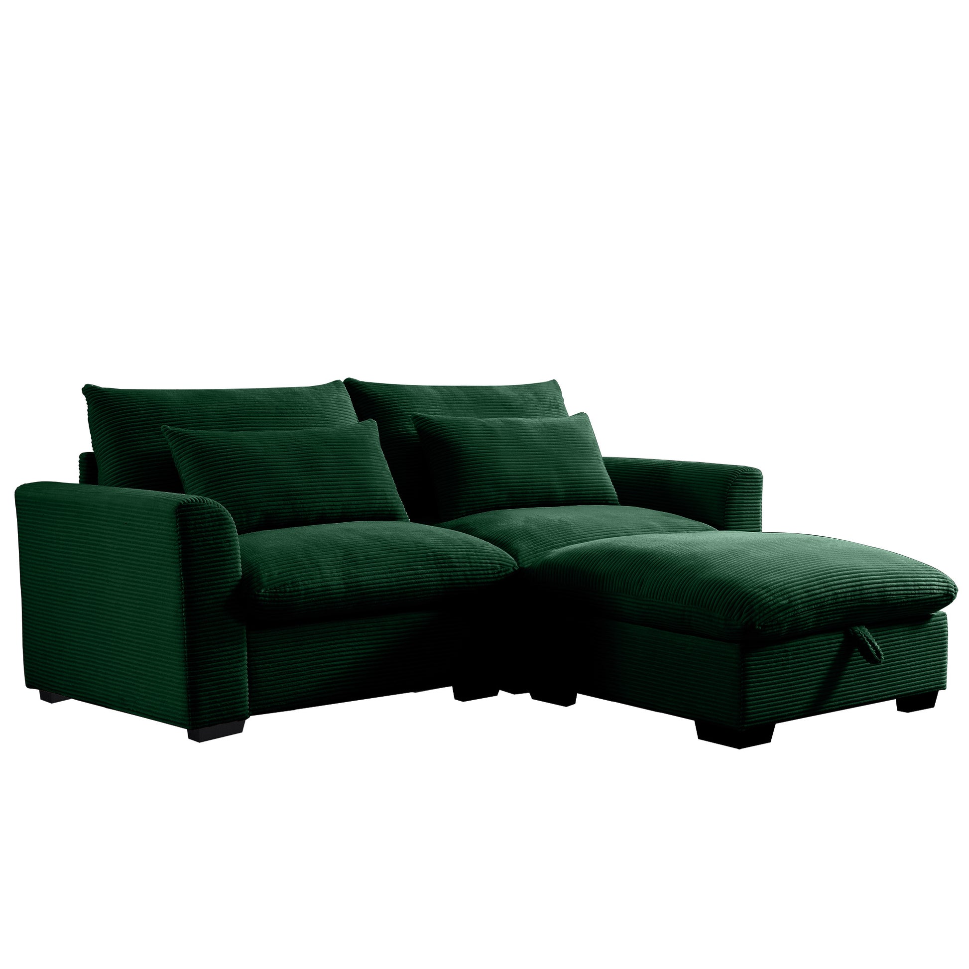 Dark green corduroy sectional sofa with storage ottoman and plush cushions