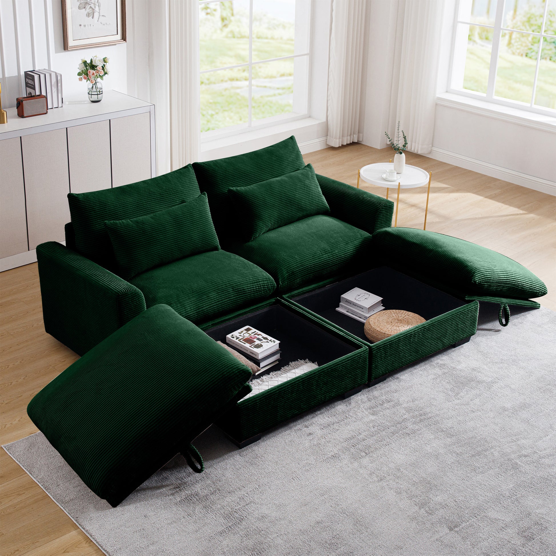 Deep green corduroy sectional sofa with hidden storage compartments and plush cushions
