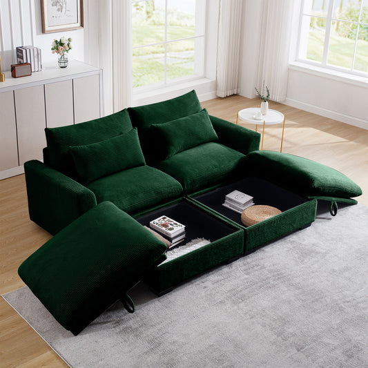 Deep green corduroy sectional sofa with hidden storage compartments and plush cushions